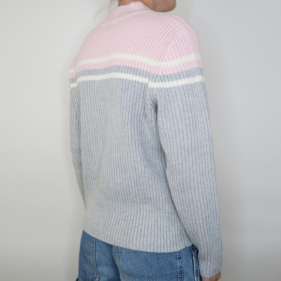 Vintage 90s Gray & Pink Striped Quarter Zip Sweater - Picture 2 of 5